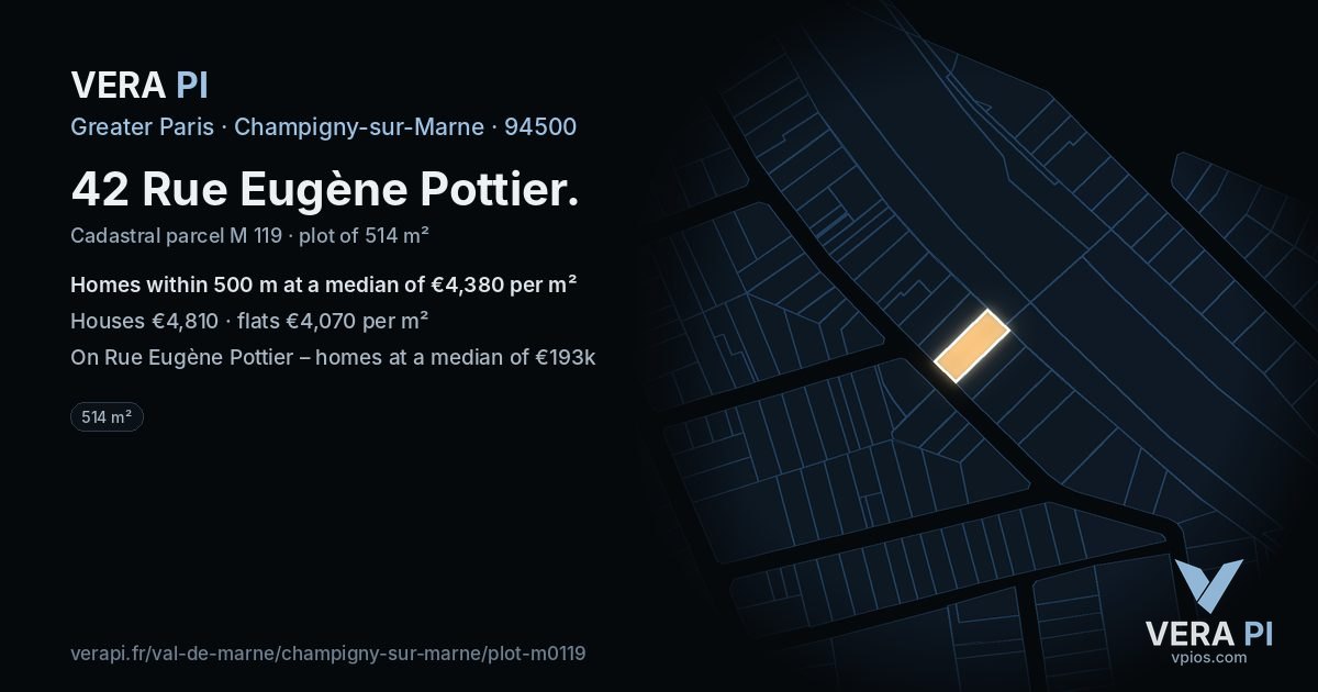 42 Rue Eugène Pottier, Champigny-sur-Marne at night – the plot lit, the parcels around coloured by the prices near them