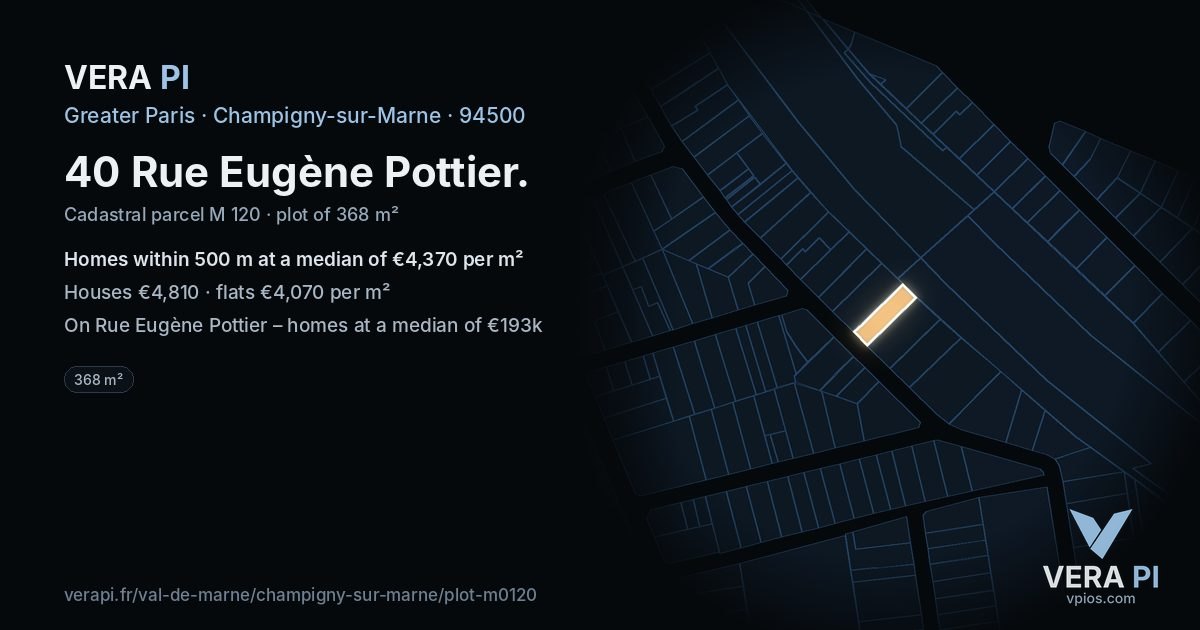 40 Rue Eugène Pottier, Champigny-sur-Marne at night – the plot lit, the parcels around coloured by the prices near them