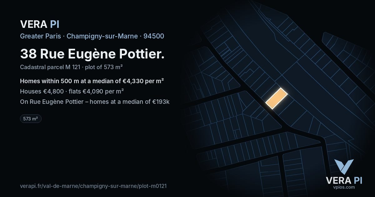 38 Rue Eugène Pottier, Champigny-sur-Marne at night – the plot lit, the parcels around coloured by the prices near them