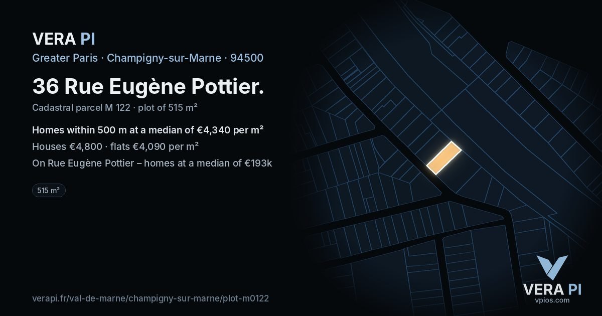 36 Rue Eugène Pottier, Champigny-sur-Marne at night – the plot lit, the parcels around coloured by the prices near them