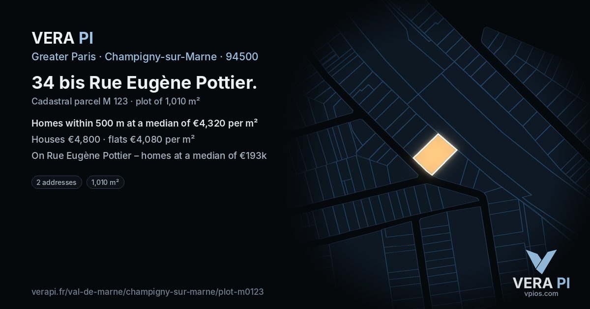 34 bis Rue Eugène Pottier, Champigny-sur-Marne at night – the plot lit, the parcels around coloured by the prices near them