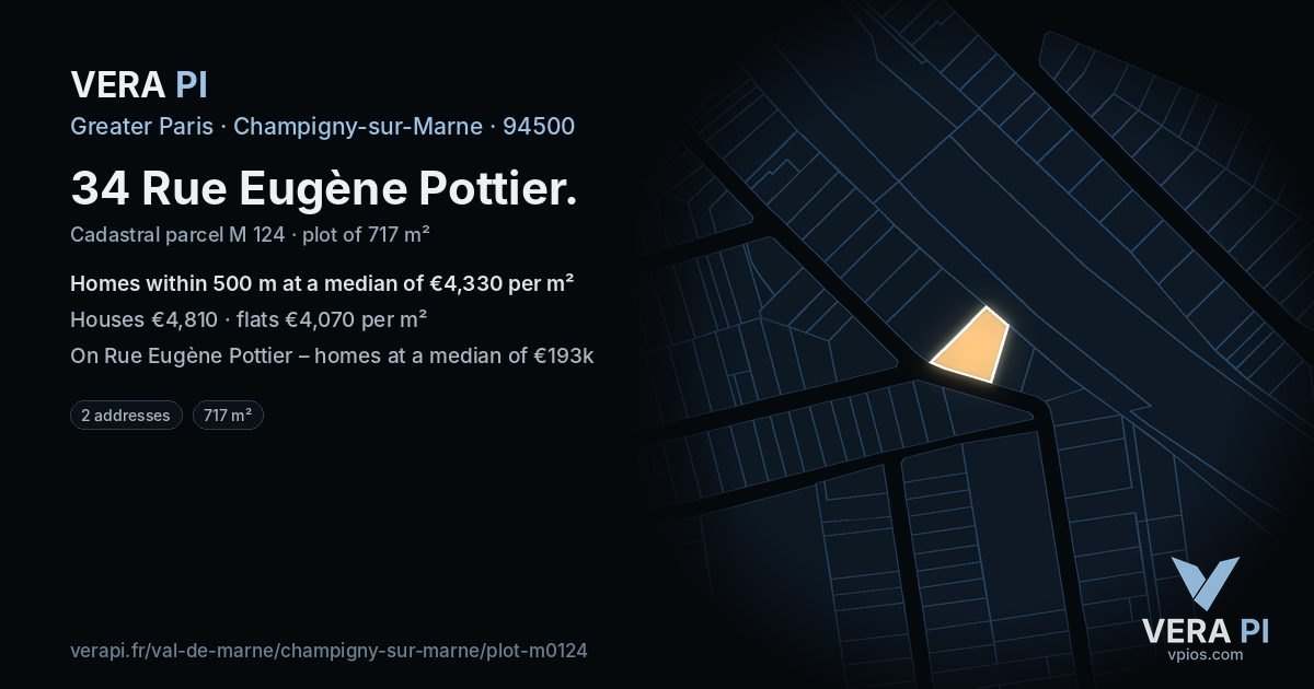 34 Rue Eugène Pottier, Champigny-sur-Marne at night – the plot lit, the parcels around coloured by the prices near them