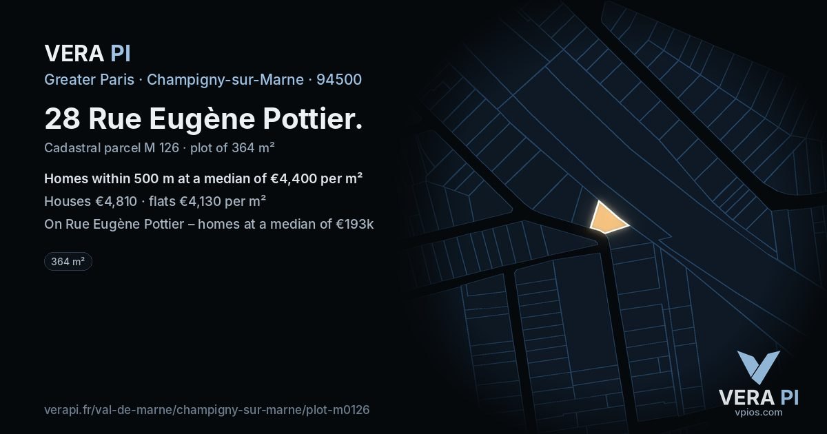 28 Rue Eugène Pottier, Champigny-sur-Marne at night – the plot lit, the parcels around coloured by the prices near them