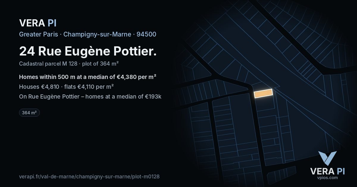 24 Rue Eugène Pottier, Champigny-sur-Marne at night – the plot lit, the parcels around coloured by the prices near them