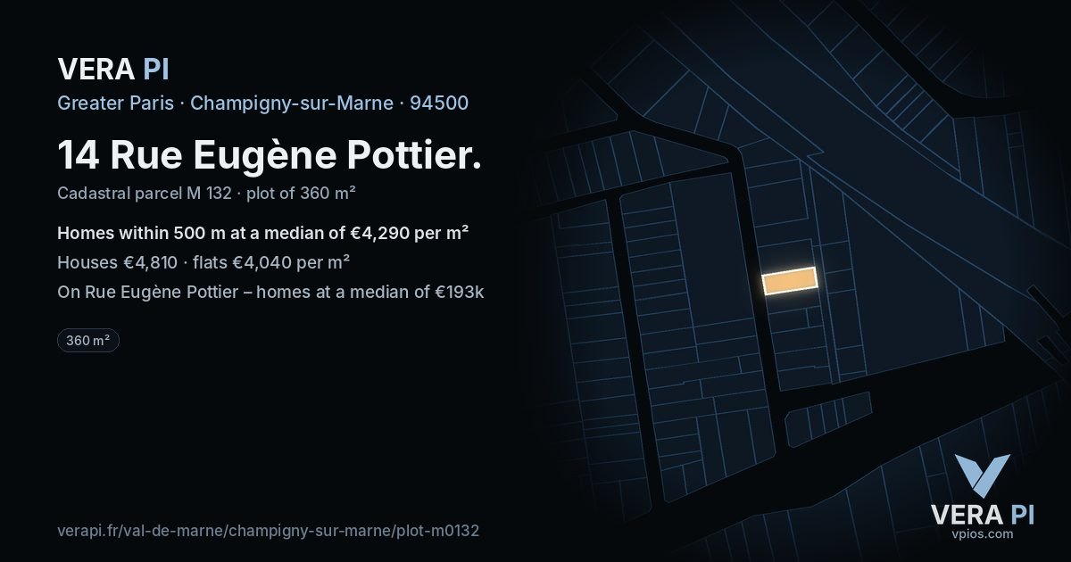14 Rue Eugène Pottier, Champigny-sur-Marne at night – the plot lit, the parcels around coloured by the prices near them