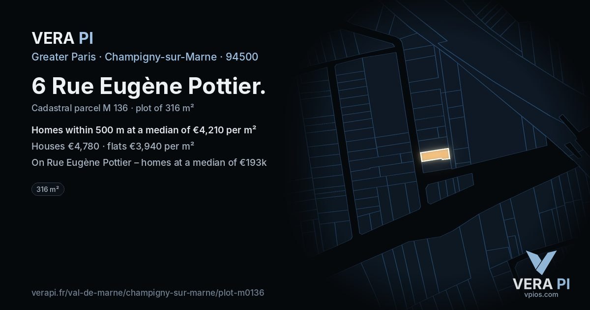6 Rue Eugène Pottier, Champigny-sur-Marne at night – the plot lit, the parcels around coloured by the prices near them
