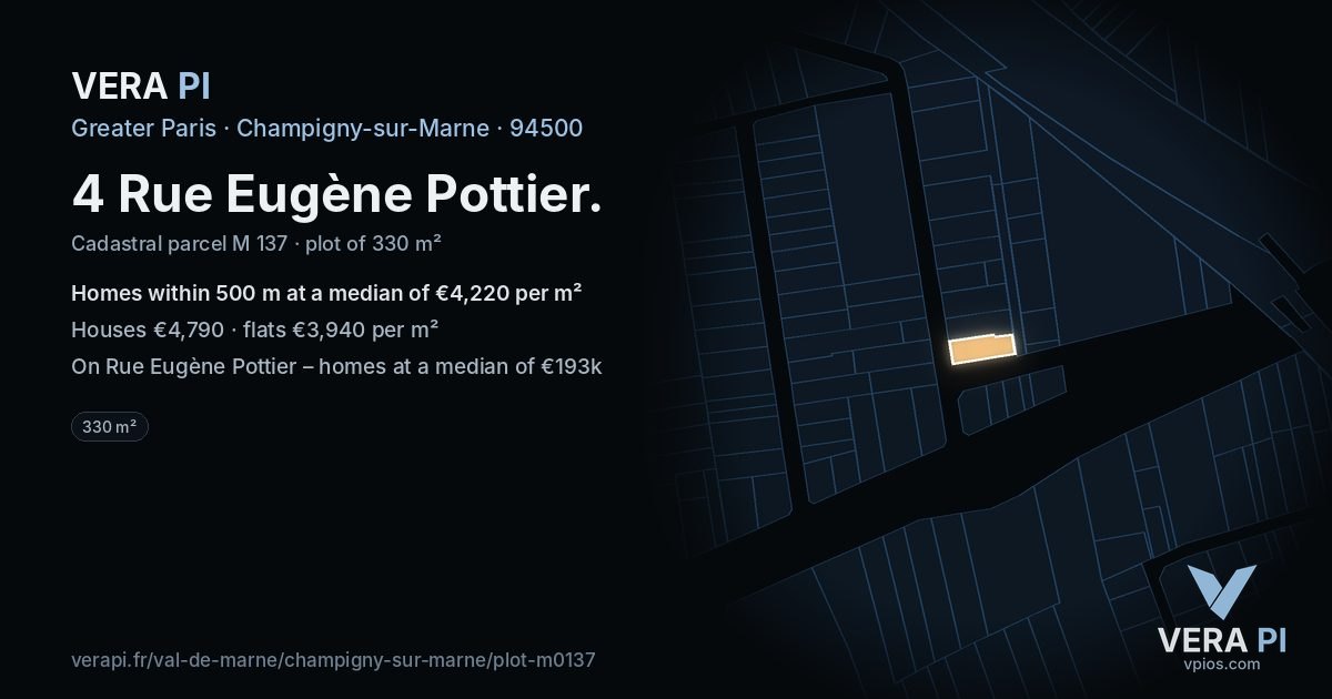 4 Rue Eugène Pottier, Champigny-sur-Marne at night – the plot lit, the parcels around coloured by the prices near them