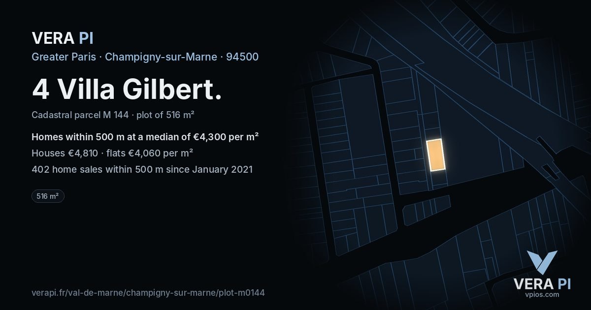 4 Villa Gilbert, Champigny-sur-Marne at night – the plot lit, the parcels around coloured by the prices near them