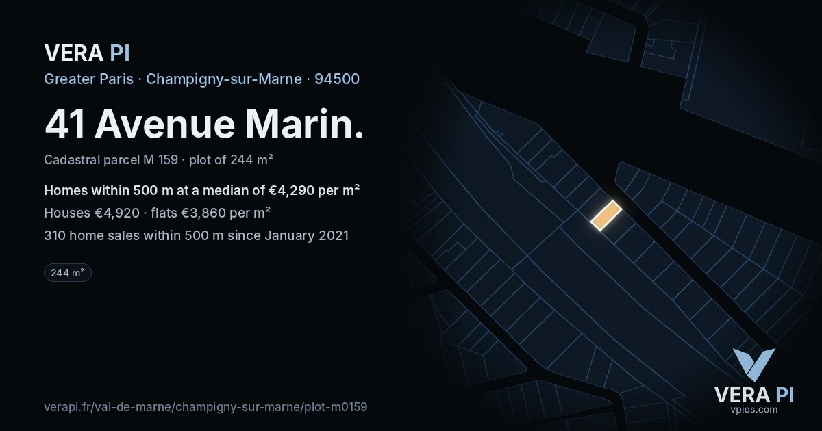41 Avenue Marin, Champigny-sur-Marne at night – the plot lit, the parcels around coloured by the prices near them