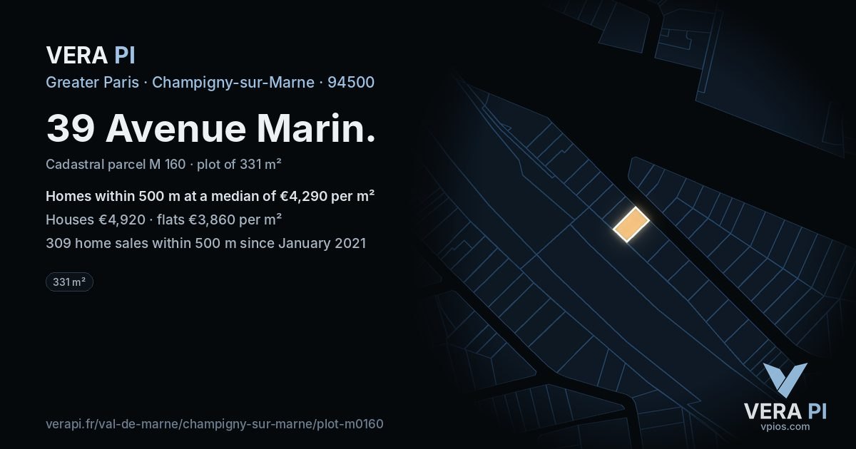39 Avenue Marin, Champigny-sur-Marne at night – the plot lit, the parcels around coloured by the prices near them