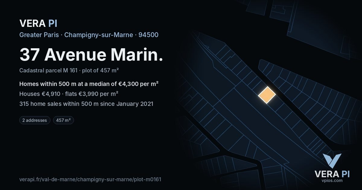 37 Avenue Marin, Champigny-sur-Marne at night – the plot lit, the parcels around coloured by the prices near them