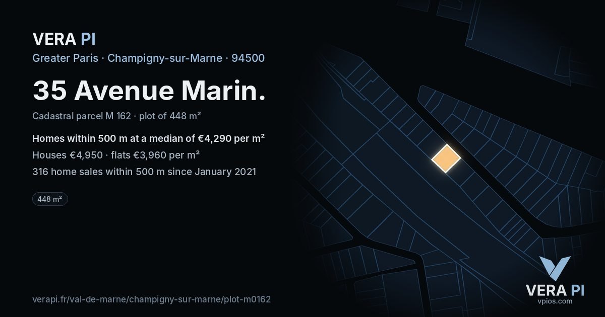 35 Avenue Marin, Champigny-sur-Marne at night – the plot lit, the parcels around coloured by the prices near them