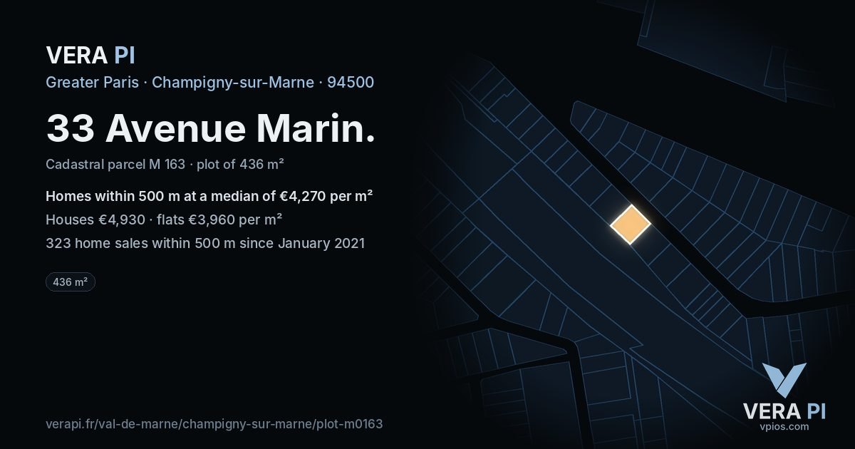 33 Avenue Marin, Champigny-sur-Marne at night – the plot lit, the parcels around coloured by the prices near them