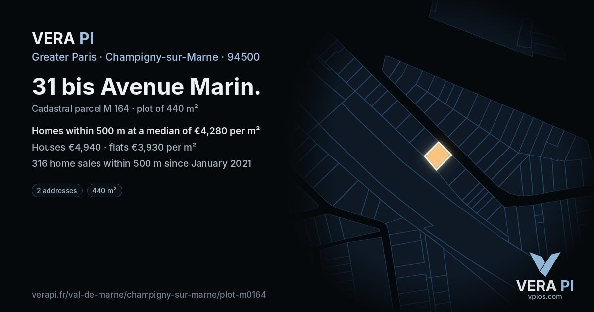 31 bis Avenue Marin, Champigny-sur-Marne at night – the plot lit, the parcels around coloured by the prices near them
