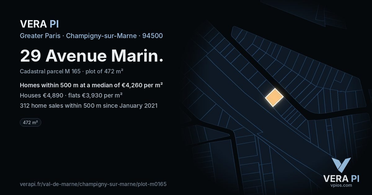 29 Avenue Marin, Champigny-sur-Marne at night – the plot lit, the parcels around coloured by the prices near them