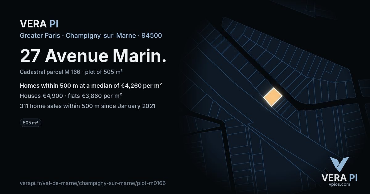 27 Avenue Marin, Champigny-sur-Marne at night – the plot lit, the parcels around coloured by the prices near them
