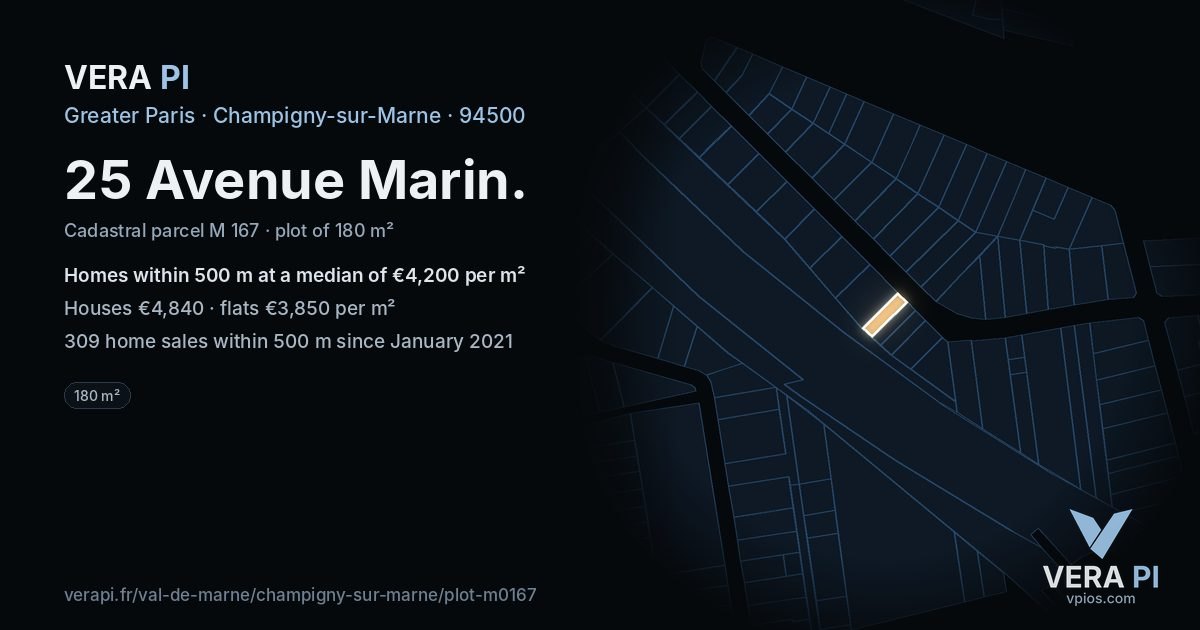 25 Avenue Marin, Champigny-sur-Marne at night – the plot lit, the parcels around coloured by the prices near them