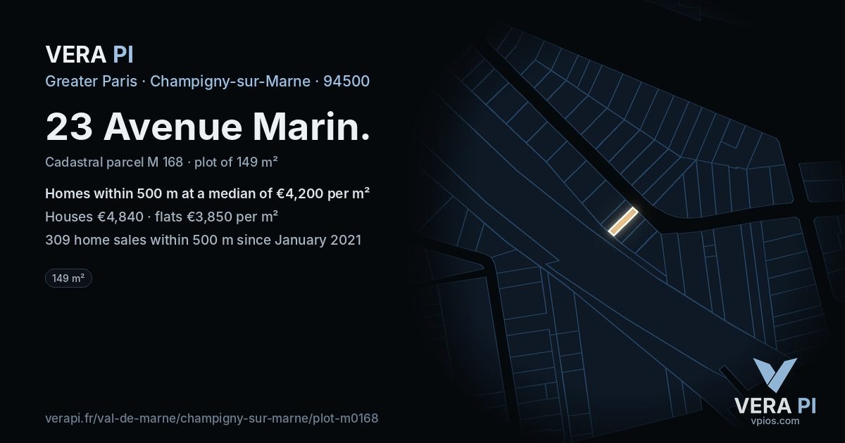 23 Avenue Marin, Champigny-sur-Marne at night – the plot lit, the parcels around coloured by the prices near them