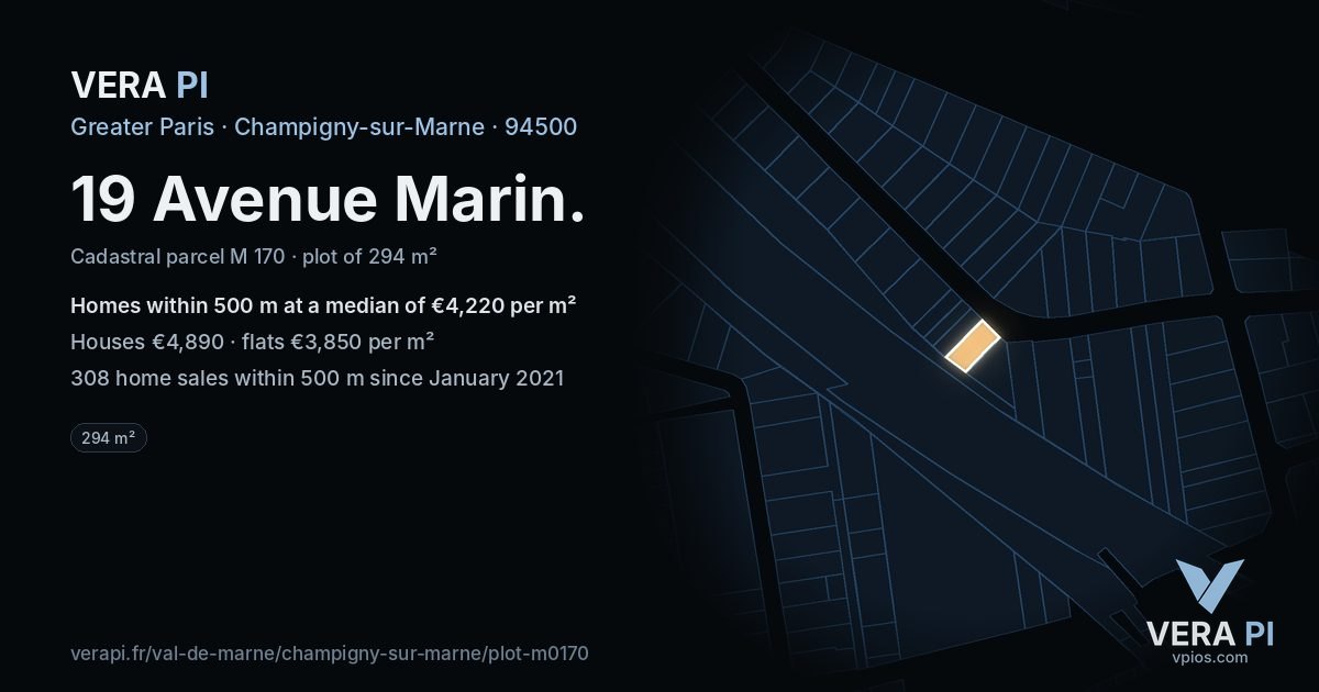 19 Avenue Marin, Champigny-sur-Marne at night – the plot lit, the parcels around coloured by the prices near them