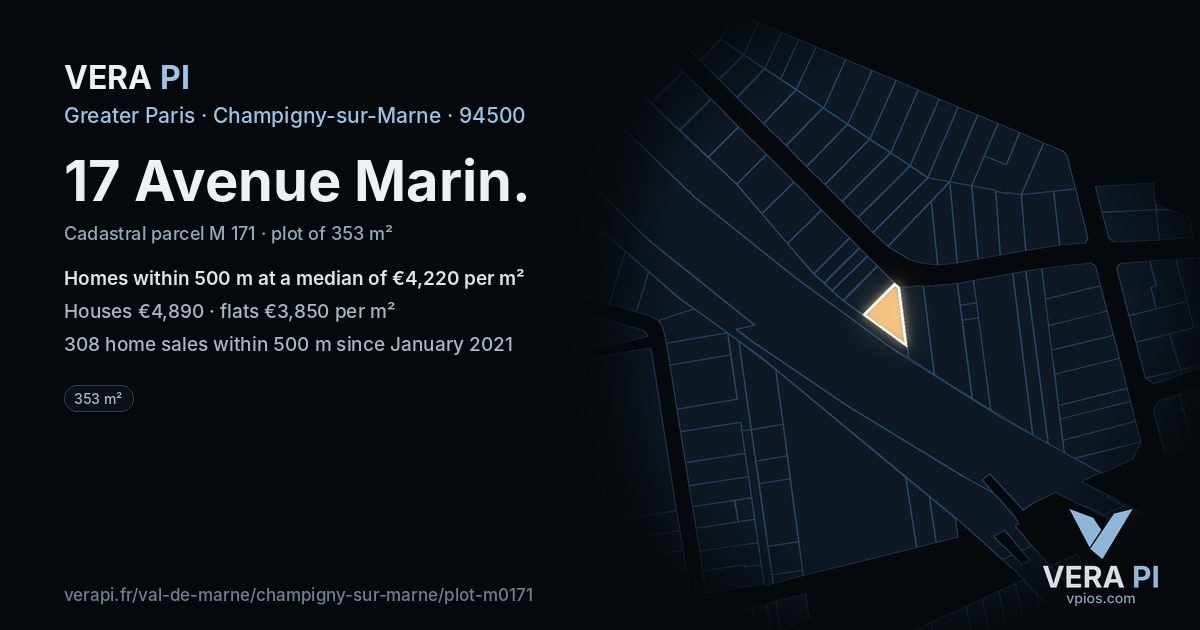17 Avenue Marin, Champigny-sur-Marne at night – the plot lit, the parcels around coloured by the prices near them