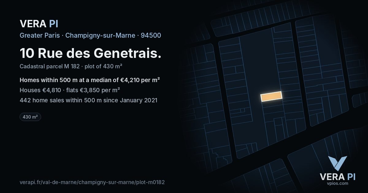 10 Rue des Genetrais, Champigny-sur-Marne at night – the plot lit, the parcels around coloured by the prices near them