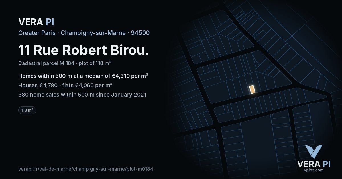 11 Rue Robert Birou, Champigny-sur-Marne at night – the plot lit, the parcels around coloured by the prices near them