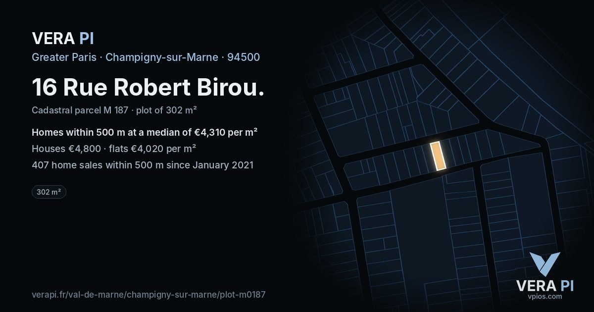 16 Rue Robert Birou, Champigny-sur-Marne at night – the plot lit, the parcels around coloured by the prices near them