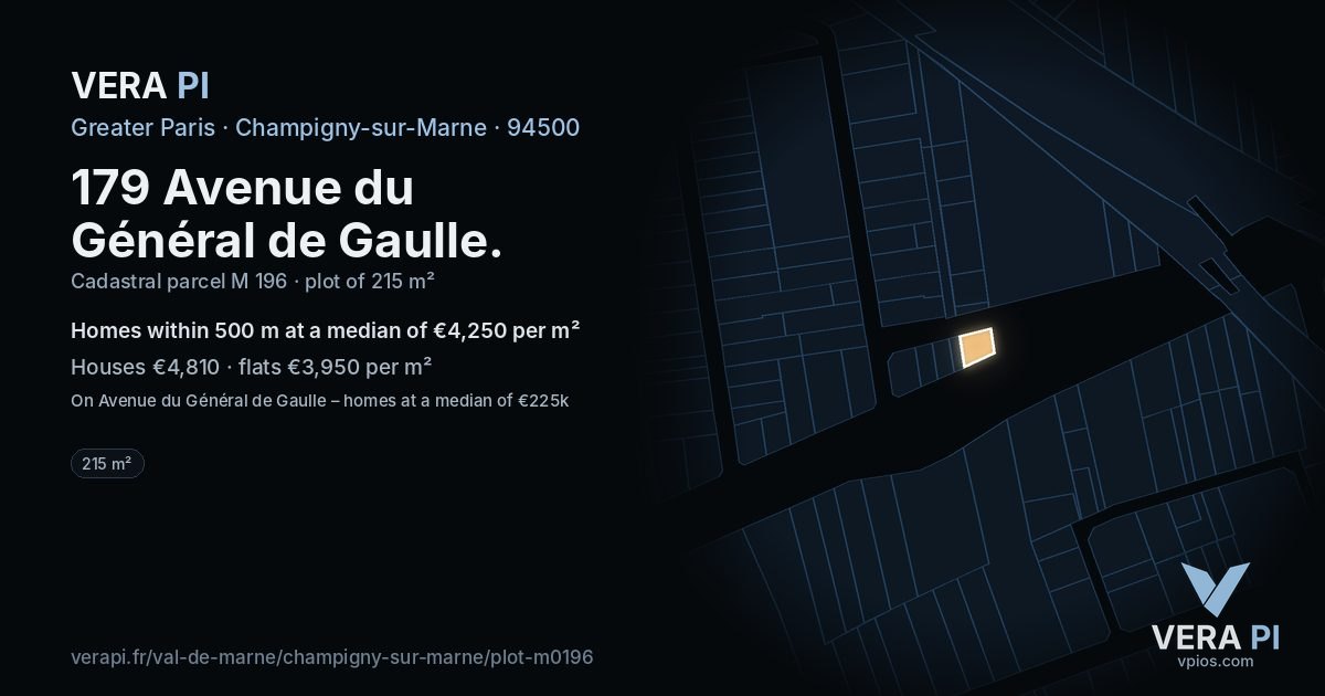 179 Avenue du Général de Gaulle, Champigny-sur-Marne at night – the plot lit, the parcels around coloured by the prices near them