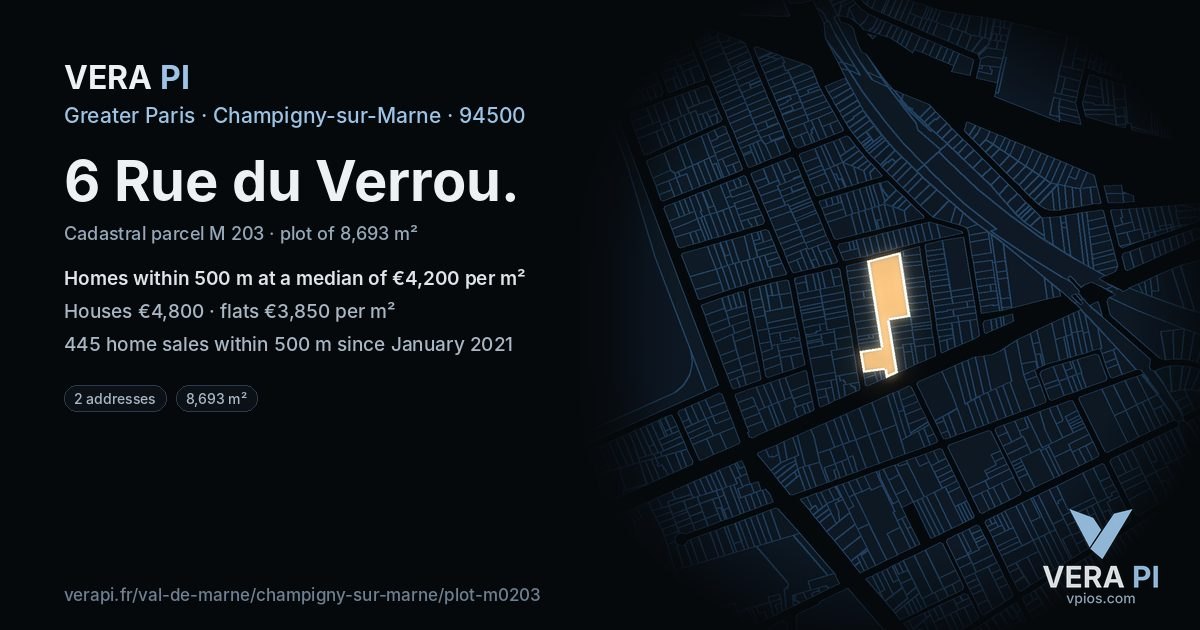 6 Rue du Verrou, Champigny-sur-Marne at night – the plot lit, the parcels around coloured by the prices near them