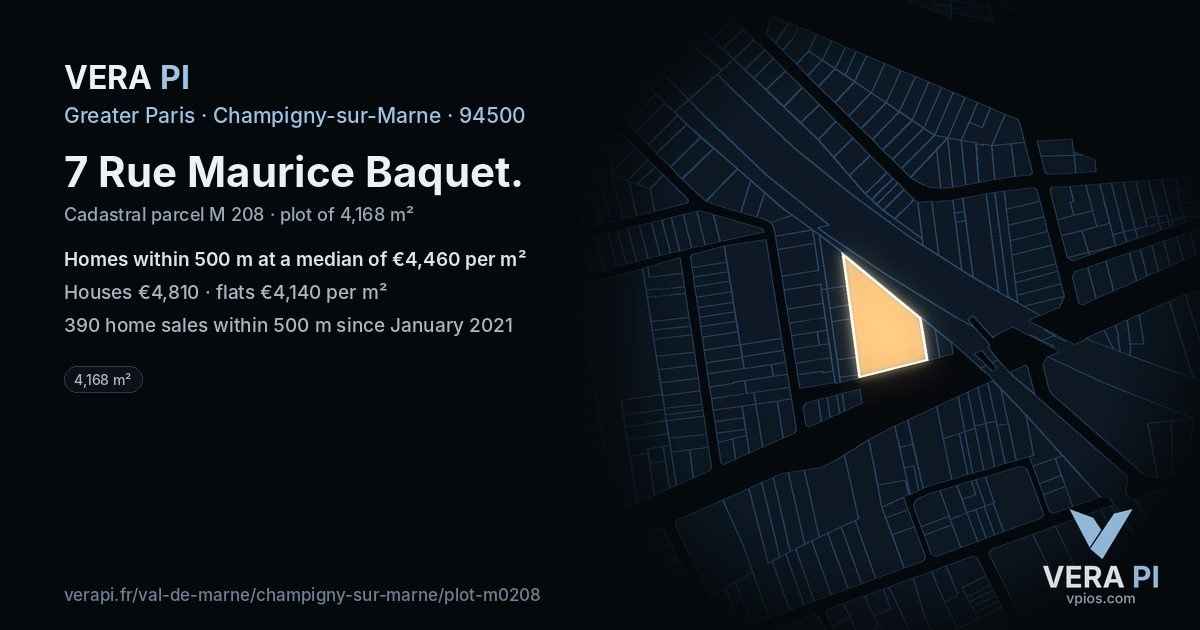 7 Rue Maurice Baquet, Champigny-sur-Marne at night – the plot lit, the parcels around coloured by the prices near them