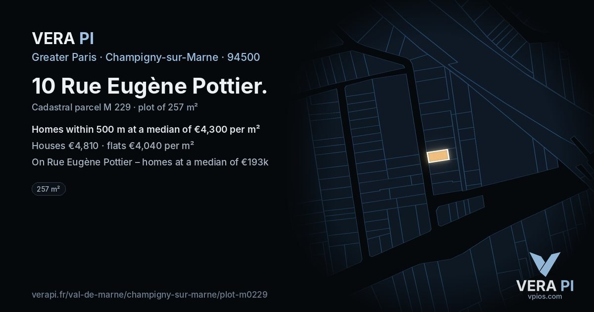 10 Rue Eugène Pottier, Champigny-sur-Marne at night – the plot lit, the parcels around coloured by the prices near them
