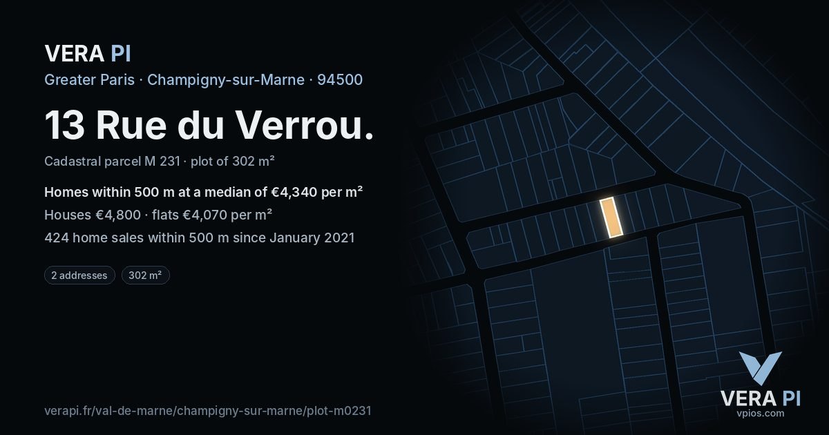 13 Rue du Verrou, Champigny-sur-Marne at night – the plot lit, the parcels around coloured by the prices near them