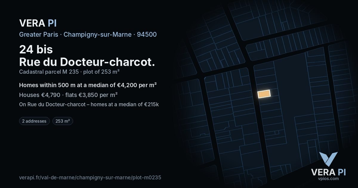 24 bis Rue du Docteur-charcot, Champigny-sur-Marne at night – the plot lit, the parcels around coloured by the prices near them