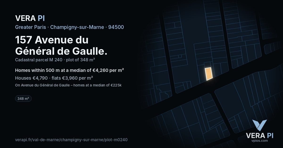 157 Avenue du Général de Gaulle, Champigny-sur-Marne at night – the plot lit, the parcels around coloured by the prices near them