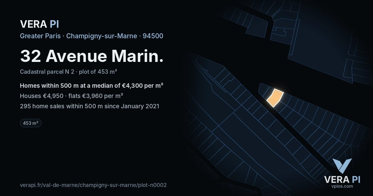 32 Avenue Marin, Champigny-sur-Marne at night – the plot lit, the parcels around coloured by the prices near them