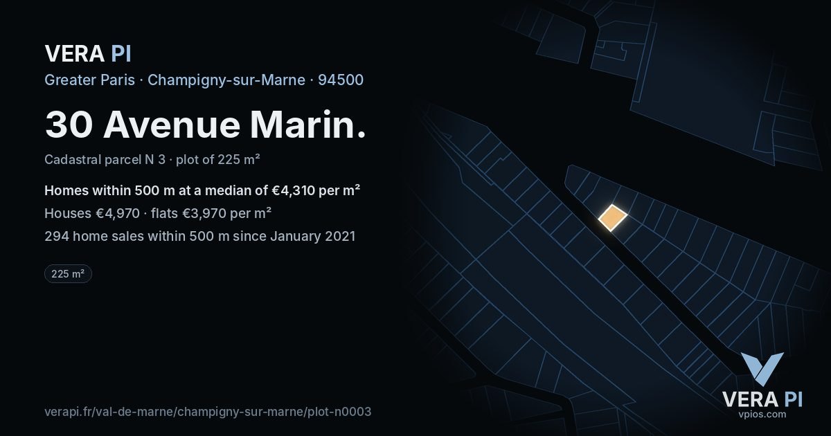 30 Avenue Marin, Champigny-sur-Marne at night – the plot lit, the parcels around coloured by the prices near them