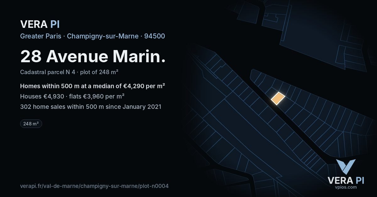 28 Avenue Marin, Champigny-sur-Marne at night – the plot lit, the parcels around coloured by the prices near them
