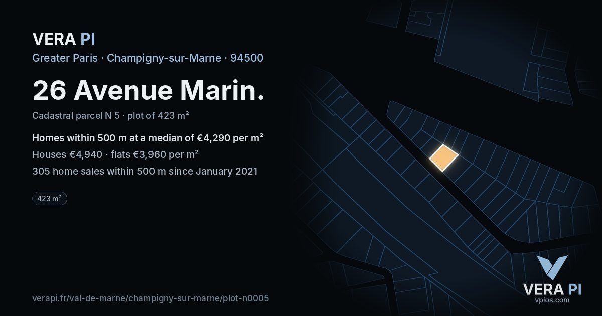 26 Avenue Marin, Champigny-sur-Marne at night – the plot lit, the parcels around coloured by the prices near them