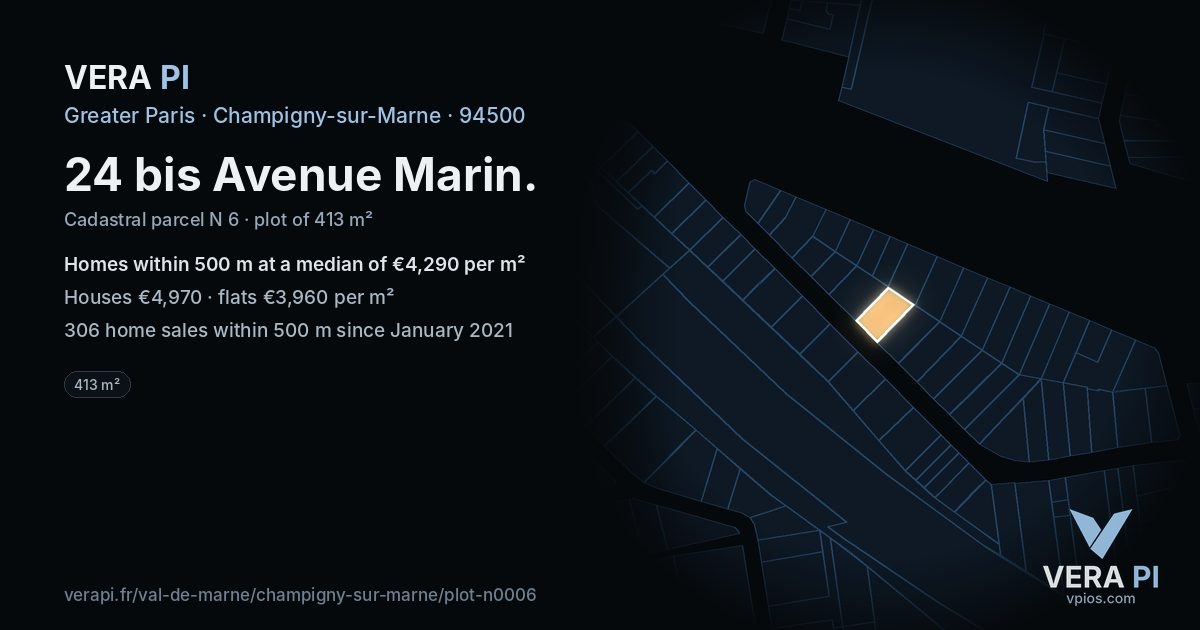 24 bis Avenue Marin, Champigny-sur-Marne at night – the plot lit, the parcels around coloured by the prices near them
