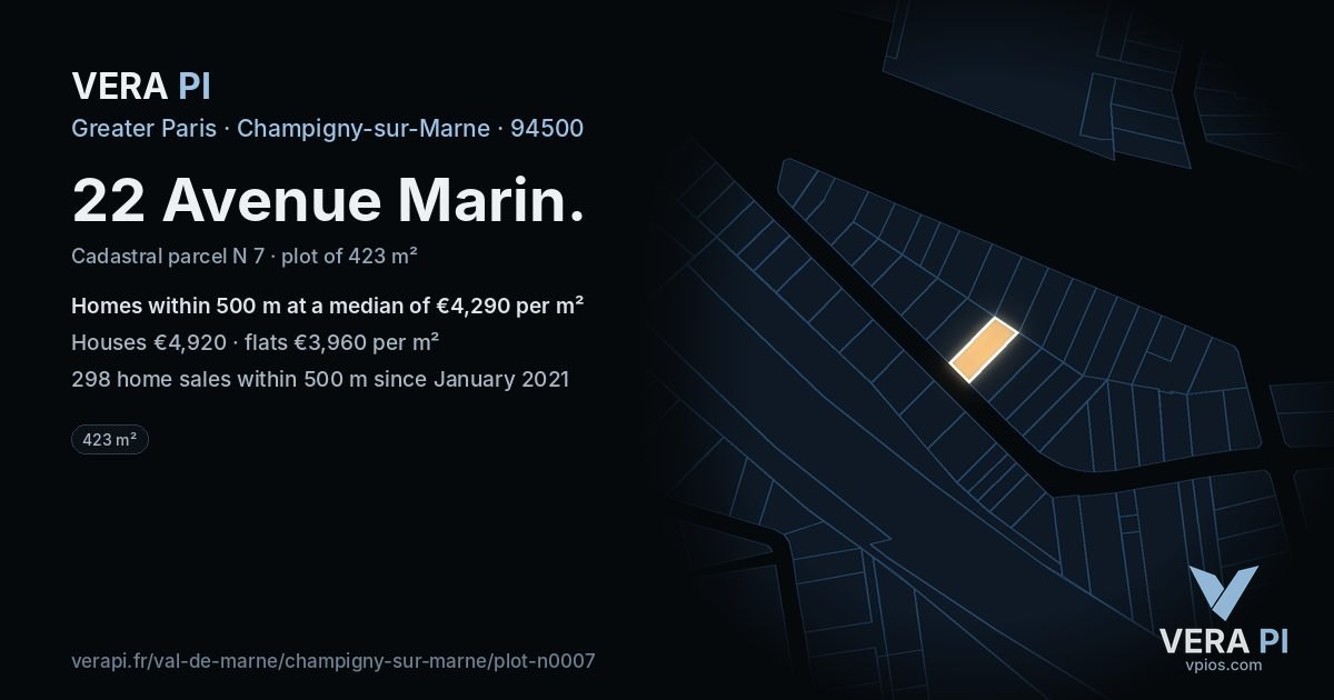 22 Avenue Marin, Champigny-sur-Marne at night – the plot lit, the parcels around coloured by the prices near them