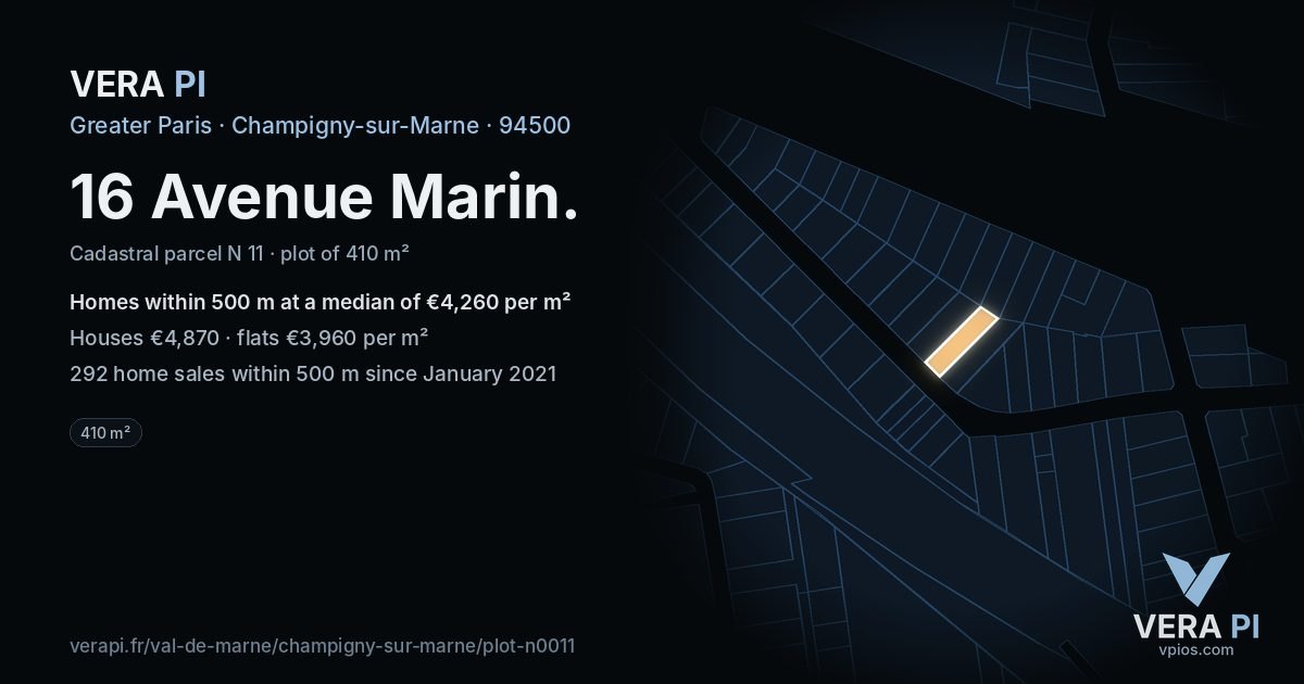16 Avenue Marin, Champigny-sur-Marne at night – the plot lit, the parcels around coloured by the prices near them