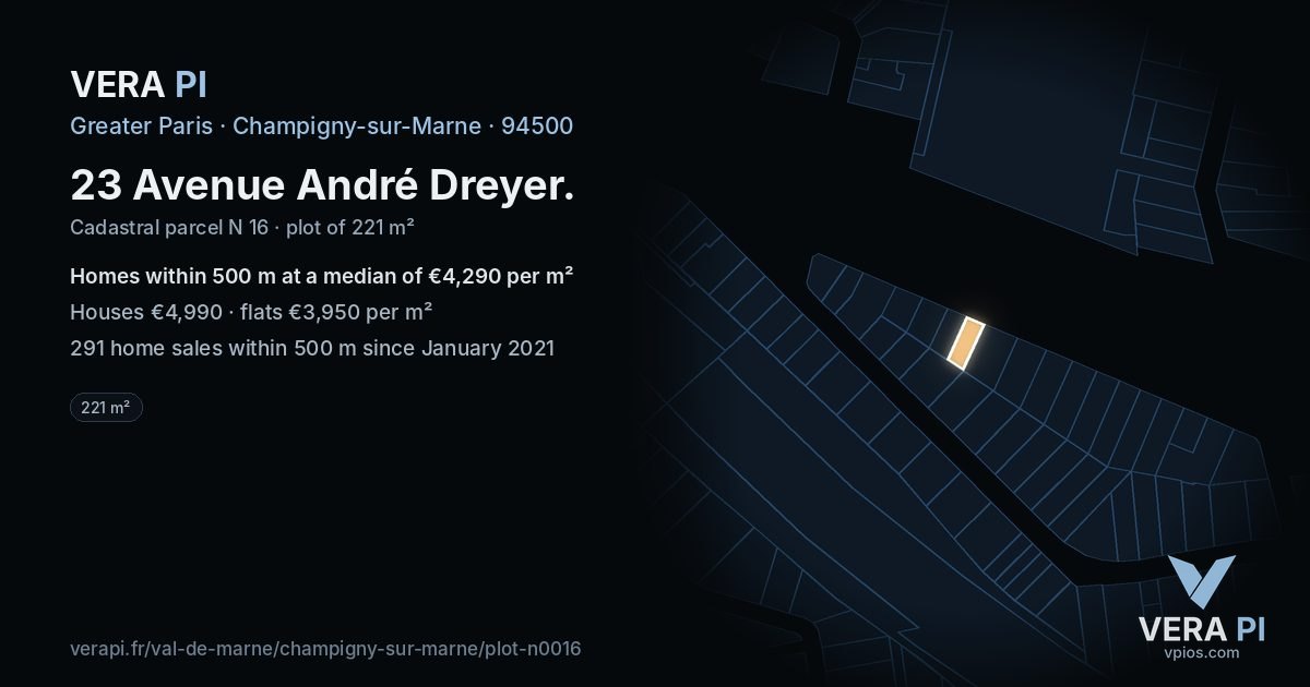 23 Avenue André Dreyer, Champigny-sur-Marne at night – the plot lit, the parcels around coloured by the prices near them