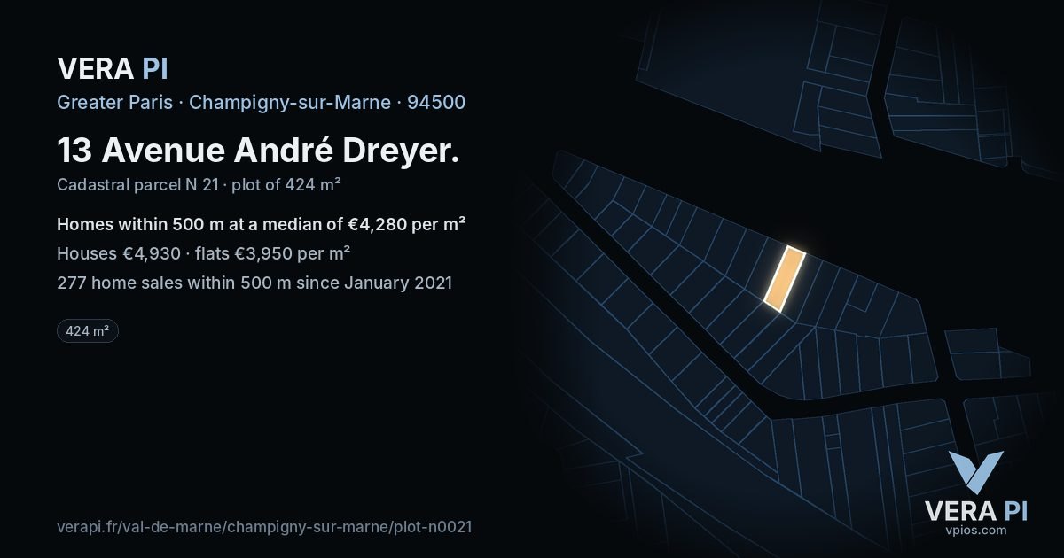 13 Avenue André Dreyer, Champigny-sur-Marne at night – the plot lit, the parcels around coloured by the prices near them