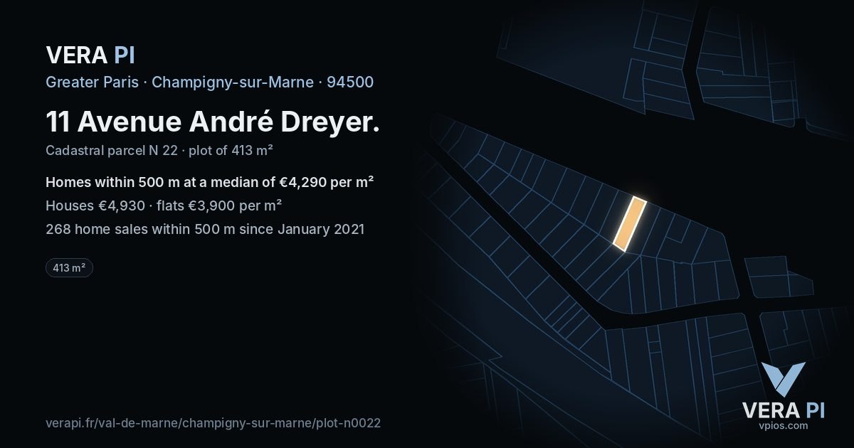 11 Avenue André Dreyer, Champigny-sur-Marne at night – the plot lit, the parcels around coloured by the prices near them