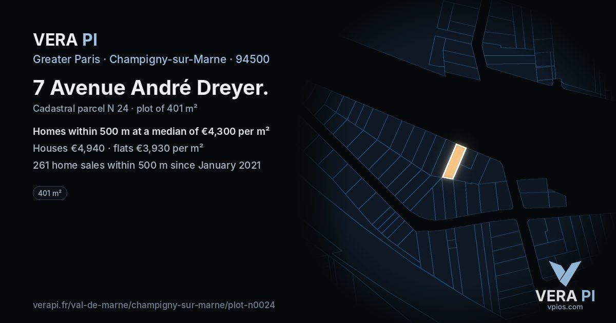 7 Avenue André Dreyer, Champigny-sur-Marne at night – the plot lit, the parcels around coloured by the prices near them
