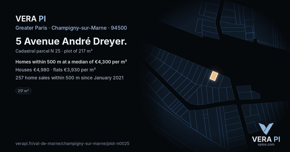 5 Avenue André Dreyer, Champigny-sur-Marne at night – the plot lit, the parcels around coloured by the prices near them