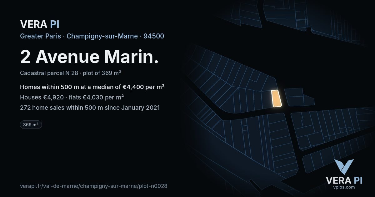 2 Avenue Marin, Champigny-sur-Marne at night – the plot lit, the parcels around coloured by the prices near them