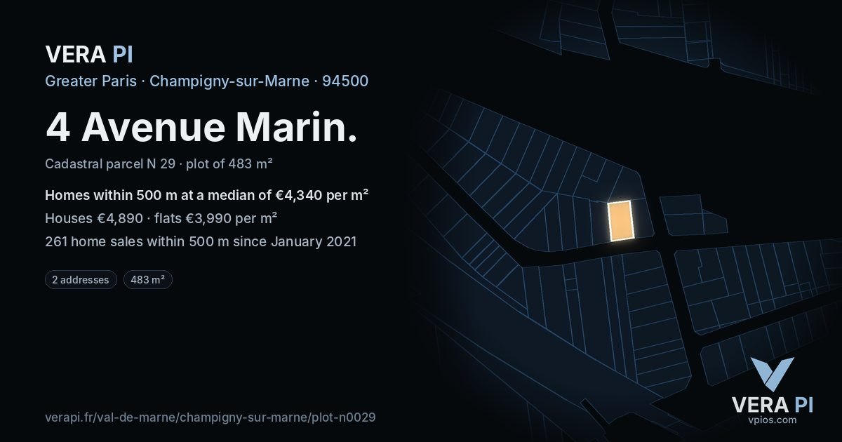4 Avenue Marin, Champigny-sur-Marne at night – the plot lit, the parcels around coloured by the prices near them