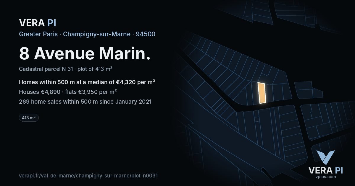 8 Avenue Marin, Champigny-sur-Marne at night – the plot lit, the parcels around coloured by the prices near them