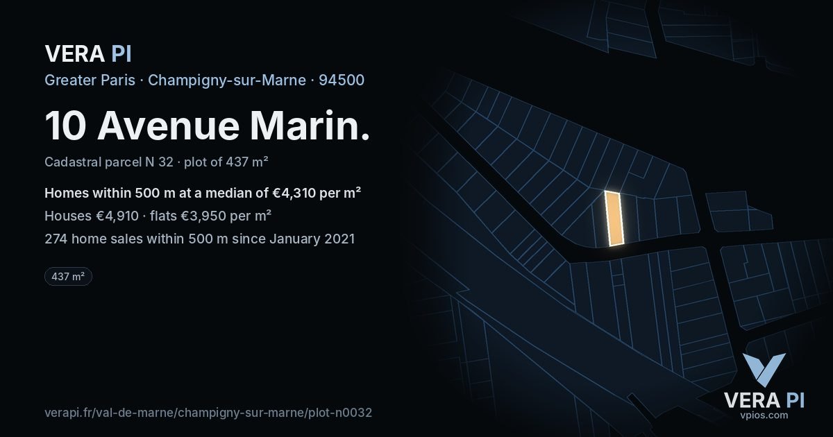10 Avenue Marin, Champigny-sur-Marne at night – the plot lit, the parcels around coloured by the prices near them
